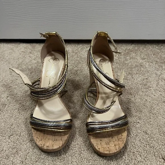 Jessica Simpson Gold and Black Strappy Heels - Picture 1 of 3